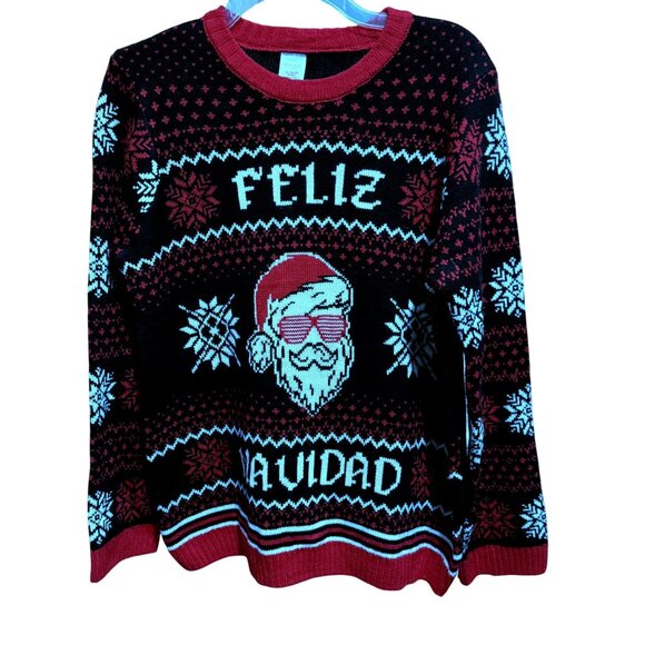 Ugly Christmas Sweater Feliz Navidad Santa Sunglasses Snowflakes Unisex S-M-L - Picture 1 of 6